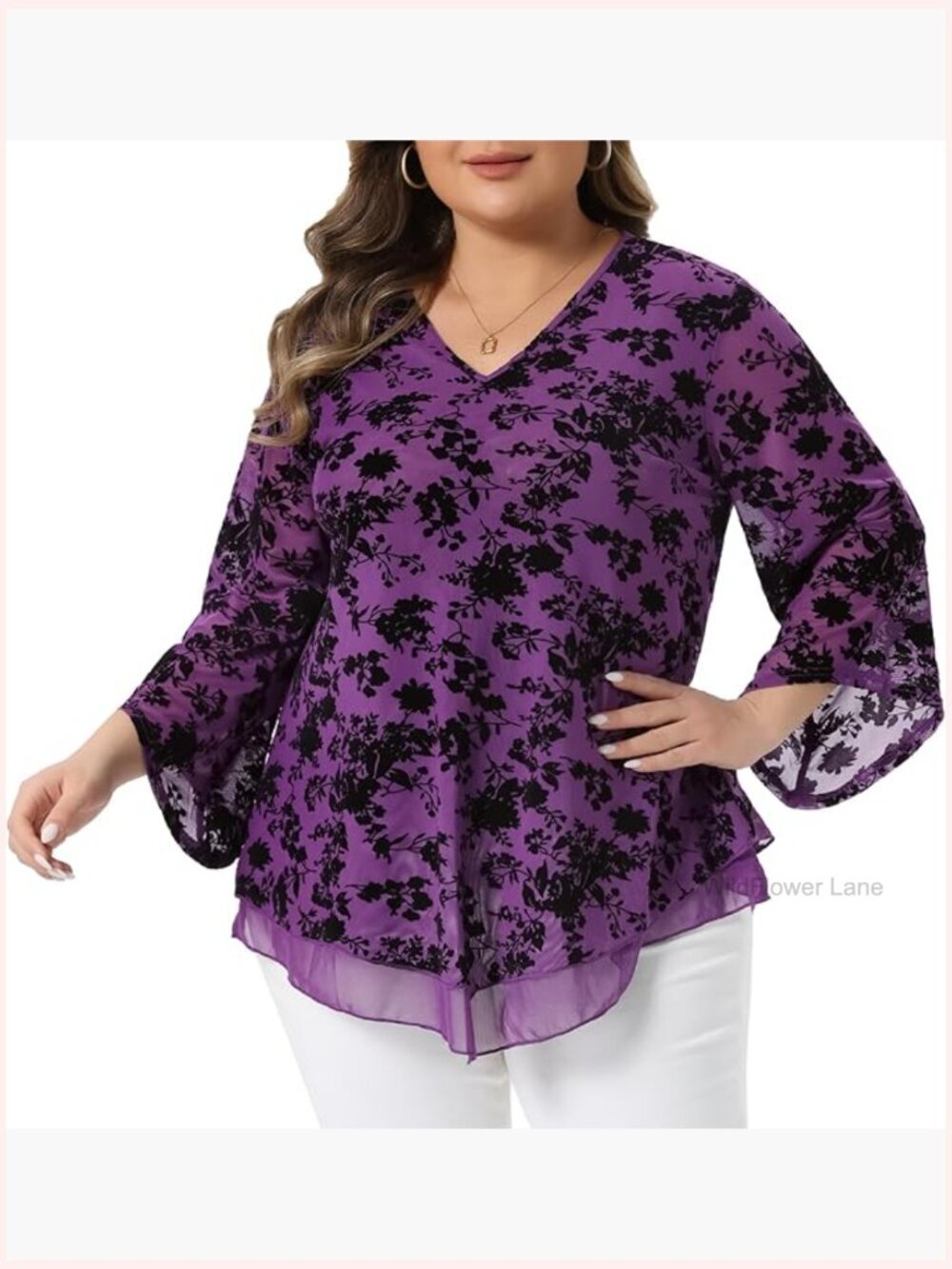 Plus Size V Neck Mesh Flowy Blouse Tunic Top 3/4 Sleeve